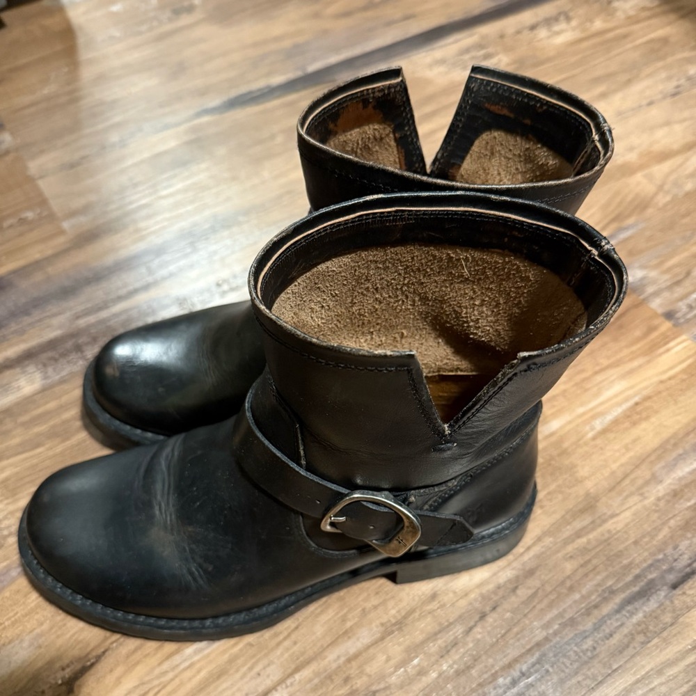 FRYE Black Antiqued Leather Ankle Boots with Buckle